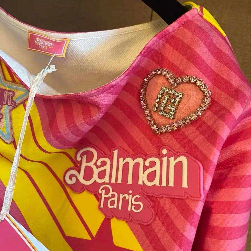 Authentic Balmain Pink and Yellow Long Sleeve Tee - Picture 3 of 8